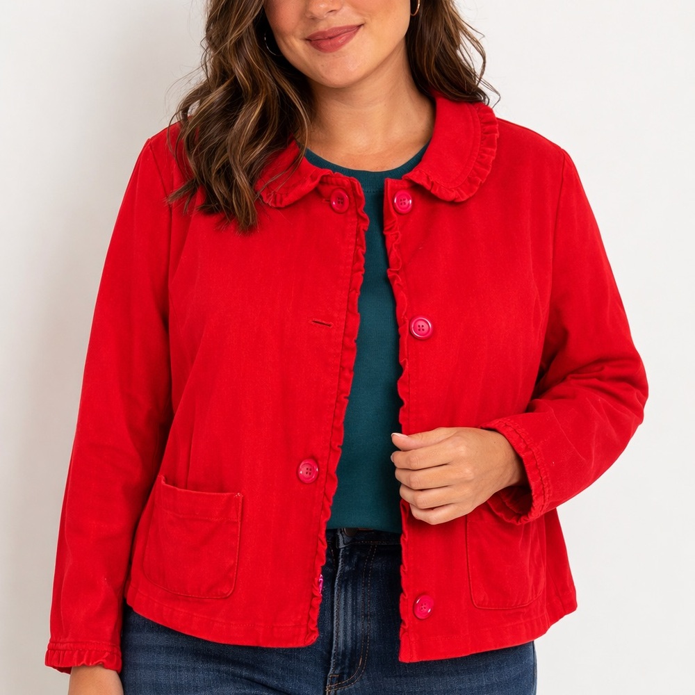Talbots Red Ruffle-Trim Button Front Blazer Jacket